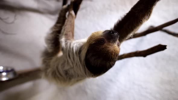 Two toed sloth climbing along branch slow motion