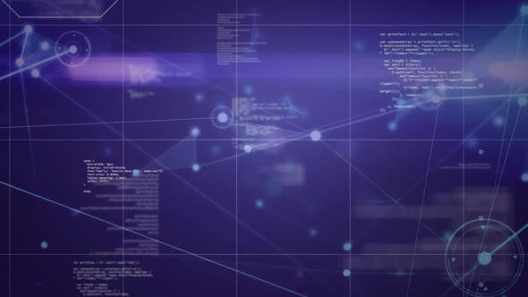 Network of data and connections on purple background