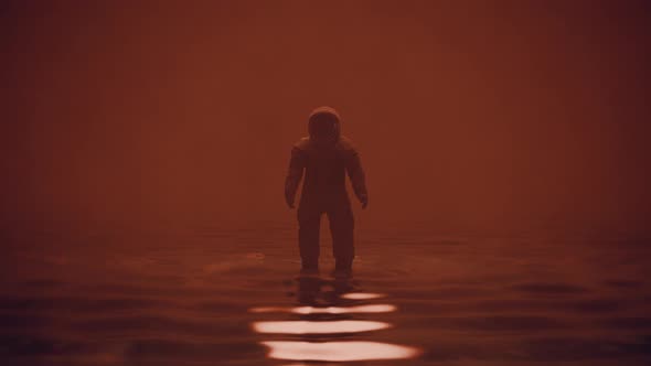 Astronaut in the ocean with post-apocalyptic environment. Cosmonaut in the water. Space traveler