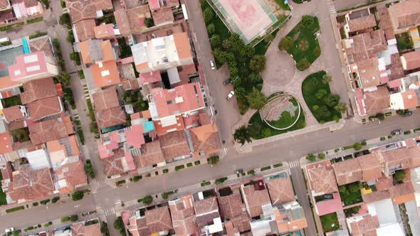 4k daytime aerial drone footage over Plaza Amauta from Magisterial district in Cusco, Peru during Co