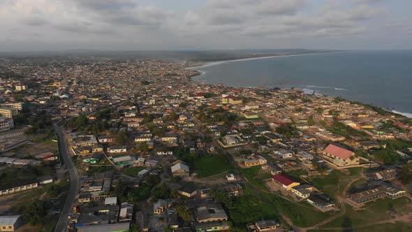 Aerial view of the old fishing town of Winneba, Ghana, Africa. 4K