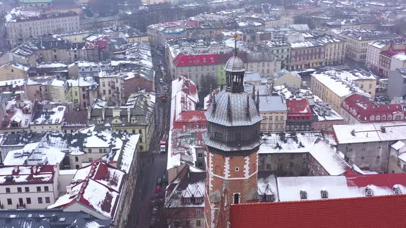 Aerial View of the Historical Center of Krakow Church Wawel Royal Castle in Winter