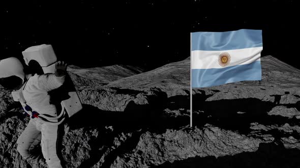 Argentina Flag on Moons Surface With Floating Astronaut