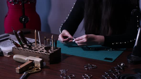 Tanner Woman Making Leather Goods on Workshop