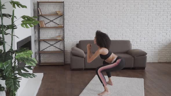 Healthy Lifestyle. Pleasant Athletic Woman Doing Squats in Her Living Room While Wearing Sportswear