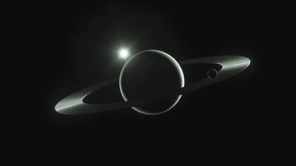 Luminous and shiny planet with ring on the outer space. Sci-fi concept. 4k footage