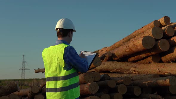 An Inspector in a White Helmet Examines a Pile of Felled Trees