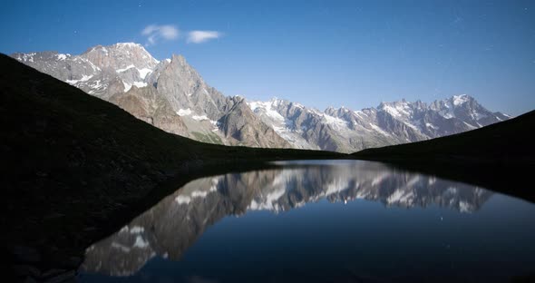 Night Star Timelapse of Mont Blanc Relflected in Checrouit Lake in Courmayeur Valle D'Aosta Italy