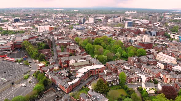 Panoramic aerial view of Preston city centre as seen from above Avenham park