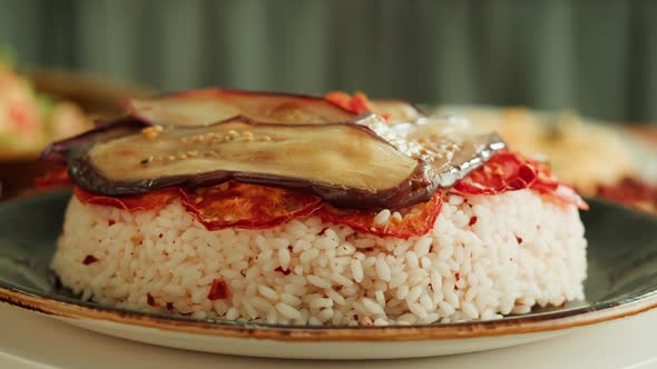 Maqluba Dish Closeup Rice and Vegetables Arabian National Traditional Food