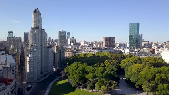 Aerial rising over famous Plaza San Martin in Retiro District, Buenos Aires