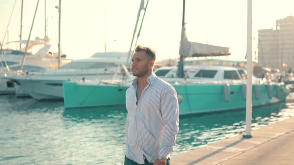 Young Rich Man at Yacht Club. Businessman Is Relaxing