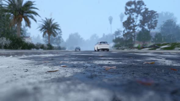 Asphalt Road With Snow Slush At Winter City With Car Tire alt