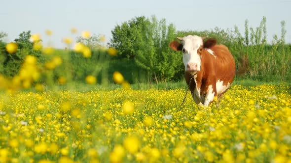 Cow eats grass on a yellow flowering field