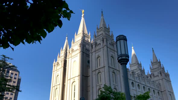 Low angle, ground up view of the Mormon temple in Salt Lake City, Utah