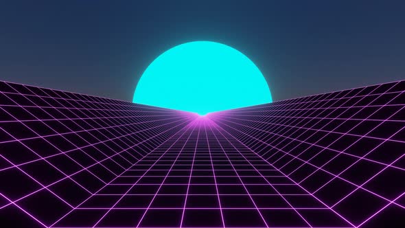 Abstract Retro Purple Neon Road with Blue Moon alt