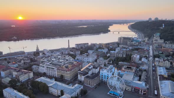 Historical District of Kyiv - Podil in the Morning at Dawn. Ukraine. Aerial View