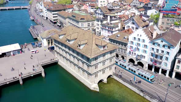 Zurich Townhall with tram crossing - Aerial