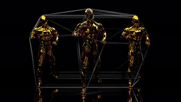 Golden three characters dancing Hip Hop, running man dance, loop animation, 3d render