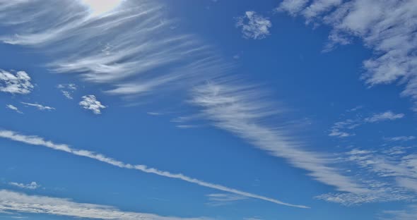 White Fluffy Cumulus Clouds Flying Blue Sky at Fast Moving Cloud