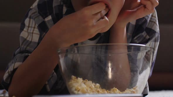 Boy Eating Popcorn During Watching 3d Movie Home, Unhealthy Lifestyle, Laziness