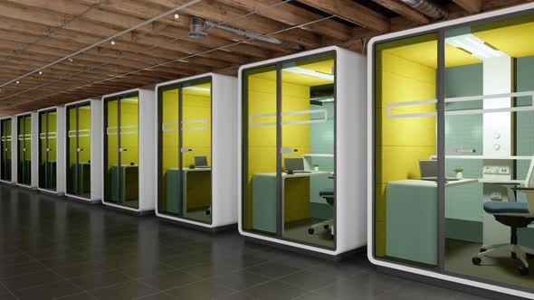 Side View Of Modern Office Cubicles Placed According To Social Distancing