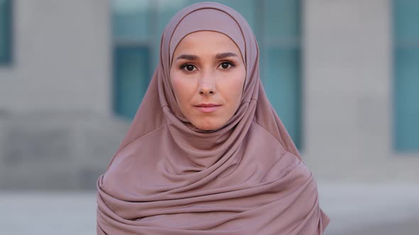 Female Portrait Outdoors Close Up Islamic Girl Muslim Young Adult Woman Ethnic Lady Wearing Beige