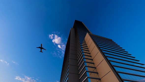 The Plane Flies Over The Buildings