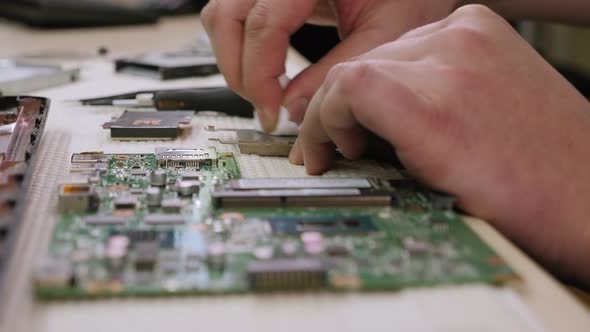 Repairman Cleans Laptop Processor From Old Thermal Paste.