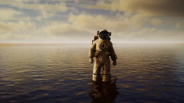 Spaceman in the Sea Under Clouds at Sunset