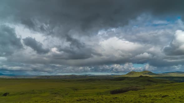 Clouds Move Over the Mountains and Plain in Iceland