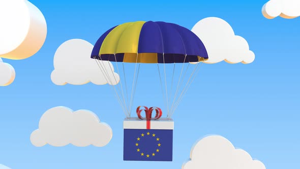 Box with Flag of the European Union Falls with a Parachute