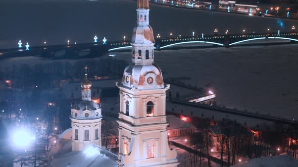 Aerial view of Peter and Poul fortress at night. Winter Saint Petersburg Russia