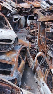 Vertical Video of Destroyed and Shot Cars in the City of Irpin Ukraine  the Consequences of the War