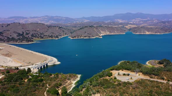 Aerial drone shot of Lake Cachuma and the Bradbury Dam near Santa Barbara Ca.