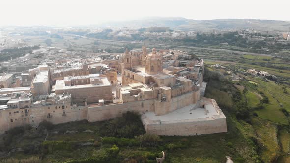 Panoramic view outside the Mdina city fortifications of Metropolitan Cathedral of Saint Paul