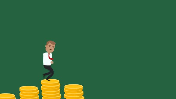 Businessman jumping on gold coins stack and reaching the top. Economic growth.