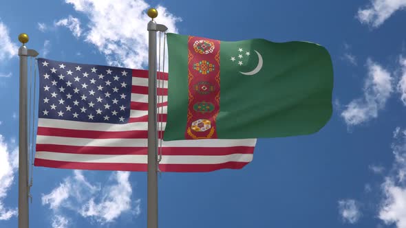 Usa Flag Vs Turkmenistan Flag On Flagpole