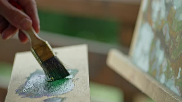 Closeup of a Brush That an Artist Dips in Paint and Paints a Picture