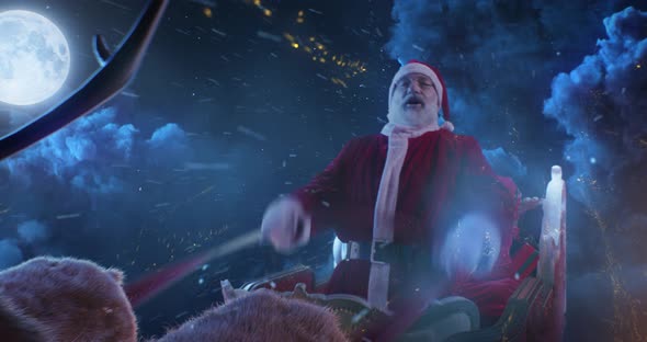Santa Claus Riding Sleigh in Night Sky