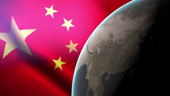 China flag waving behind the earth rotating in space