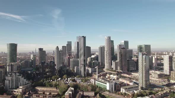 Wide angle sunset Aerial of the Canary Wharf buildings in London