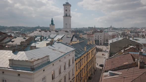 Aerial City Lviv, Ukraine. European City. Popular Areas of the City. Rooftops