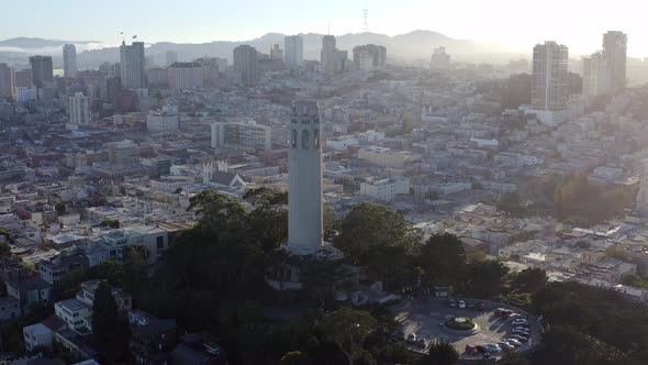Aerial, San Francisco Coit Tower and cityscape, panning right drone 07.