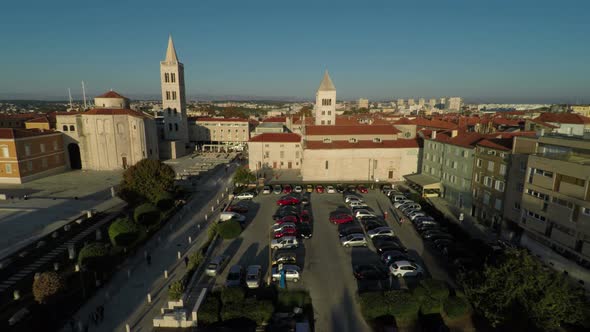 Aerial view of buildings and a parking lot in Zadar