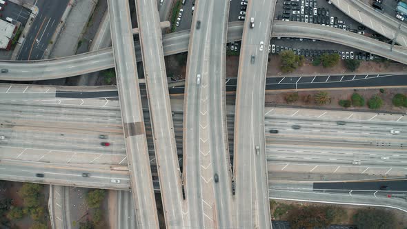 Aerial Over Highway and Intersection of Roads, Bridges in Downtown Los Angeles