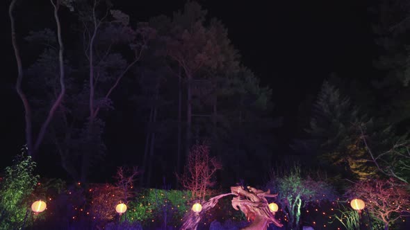 Dragon fountain decorated with colorful lights at night, Tilt down