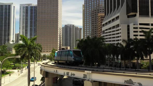 Downtown Miami Tram On Tracks In Motion Aerial Video