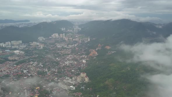 Aerial view Kek Lok Si temple in fog