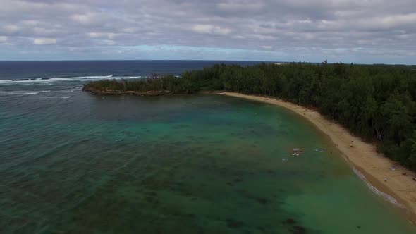 Aerial shot of Kawela Bay Beech Park near the Turtle Bay Resort in Hawaii.